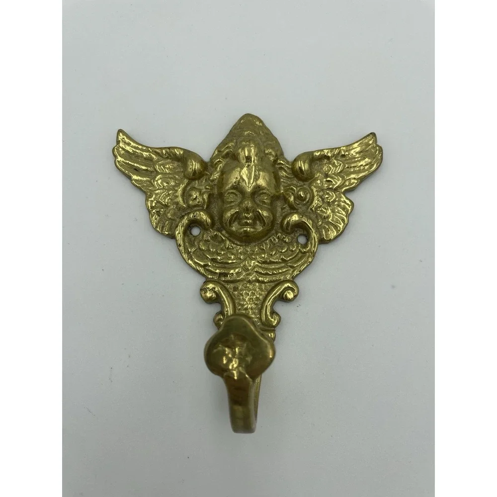 Vtg Solid Brass Angel Cherub Decorative Wall Hanger Robe Towel‎ Hat Key Hook